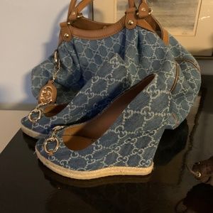 Gucci Denim Peep Toe Wedges